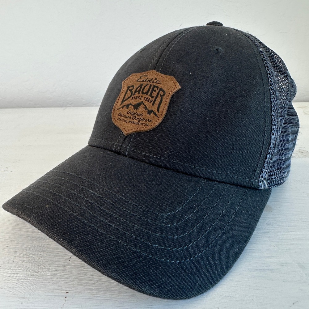 Eddie Bauer Trucker Hat Mens OSFA Style 1016 Black Mesh Snapback Leather Patch